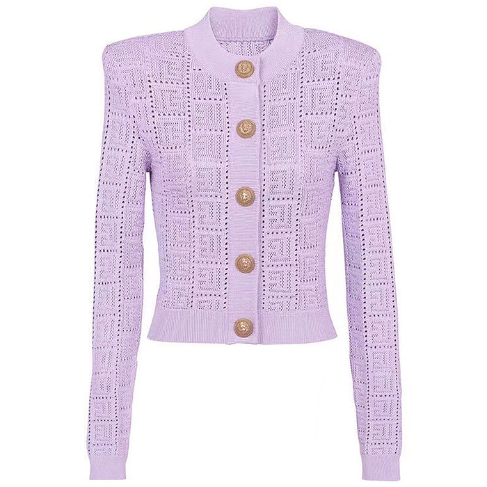 Color-Purple Coat-Long Sleeve Short round Neck Hollow Out Cutout out Knitwear Dress Vest Shorts Women-Fancey Boutique