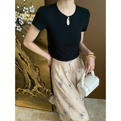 Chinese Pearl Buckle Hollow Out Cutout Design Shoulder T Shirt Short Sleeve Early Spring-Fancey Boutique