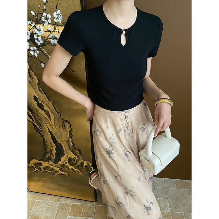 Chinese Pearl Buckle Hollow Out Cutout Design Shoulder T Shirt Short Sleeve Early Spring-Black-Fancey Boutique