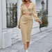 Color-Khaki-Fall Winter Women Clothing Solid Color V neck Waist Controlled Long Sleeves Skirt Set-Fancey Boutique