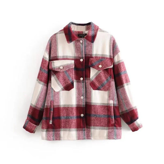 Color-watermelon red-Women Plaid Shirt Soft Woolen Coat Sweet Casual Autumn Winter Women Top-Fancey Boutique