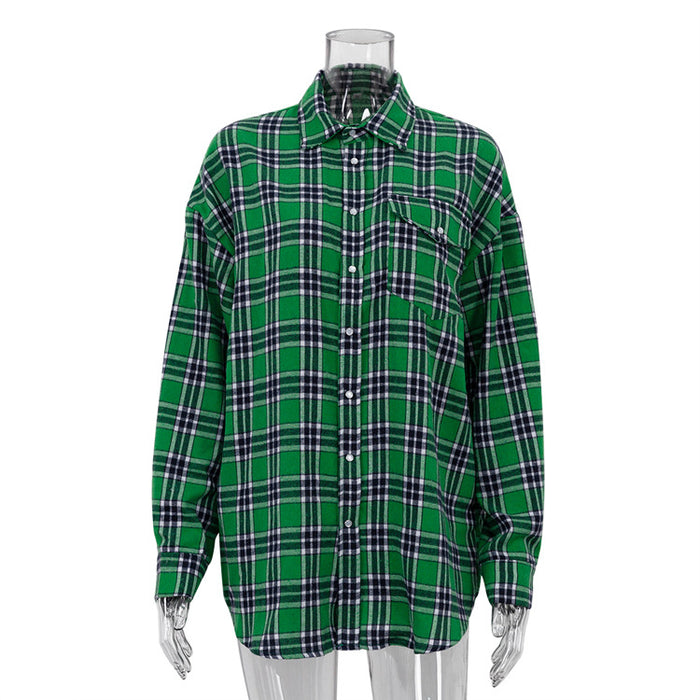 Retro Plaid Shirt Women Casual Plaid Top All Matching Collared Loose Mid Length Shirt-Green-Fancey Boutique