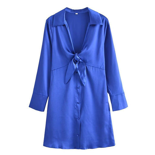 Color-Blue-Autumn Bowknot Decoration Silk Forging Texture Dress Sexy-Fancey Boutique
