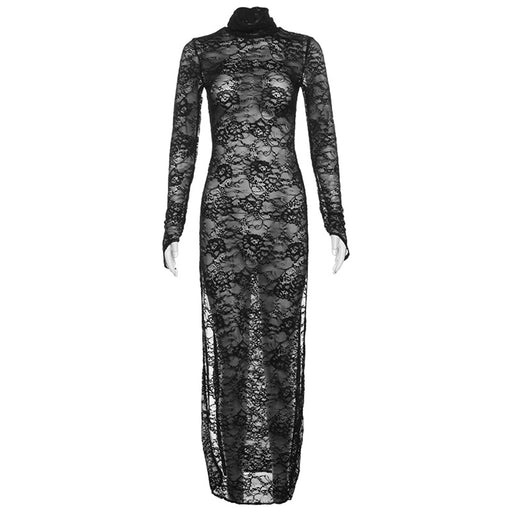 Color-Black-Women Clothing Autumn Sexy Lace See through Sexy Long Sleeve Pullover Split Dress-Fancey Boutique