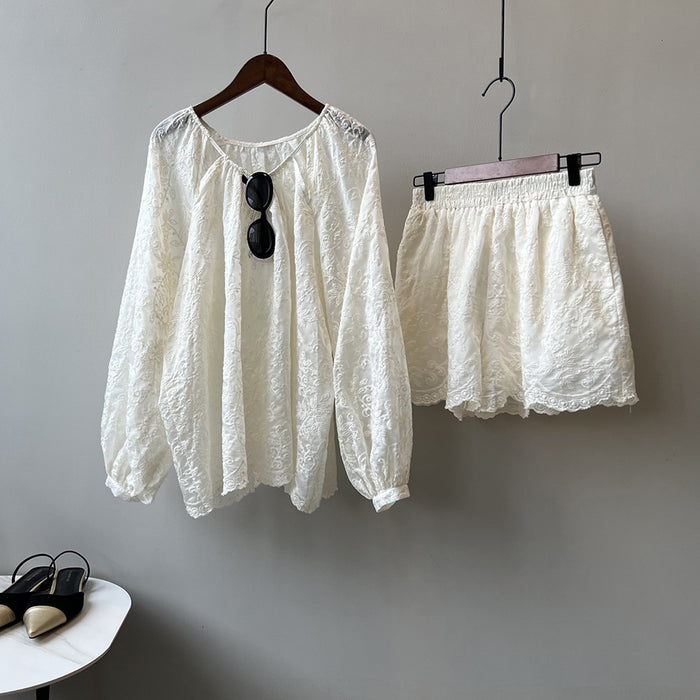 Tencel Embroidery Long Sleeve Set Women Summer Elegant Embroidery Top Shorts Two Piece Set-Ivory-Fancey Boutique