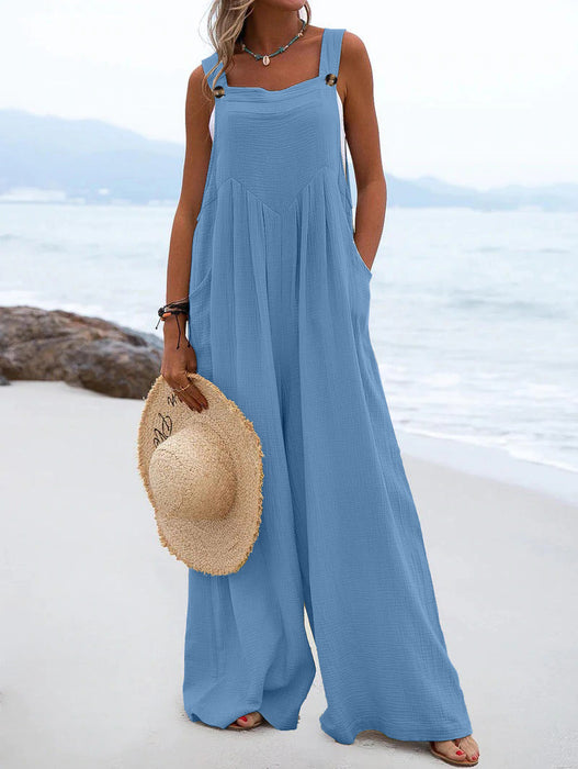 Color-Blue-Women Clothing Summer Jumpsuit Ethnic Solid Color Wide Leg Jumpsuit-Fancey Boutique