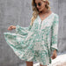 Color-Green-Loose Casual Floral Lace Splicing Pullover Long Sleeve V neck Printed Dress Women-Fancey Boutique