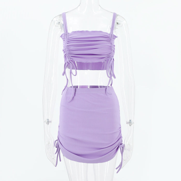 Color-Violet-Sexy Women Clothing Pleating Camisole Sheath Skirt Set-Fancey Boutique