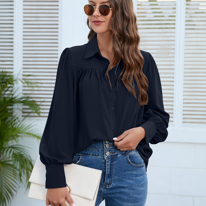 Color-Navy Blue-Women Clothing Spring Autumn Chiffon Shirt Women Shirt Pleated Long Sleeved Top Women-Fancey Boutique