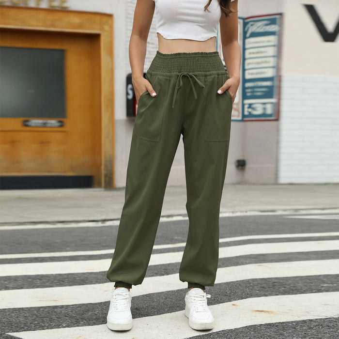 Color-Army Green-Autumn Winter Elastic Solid Color Ankle Banded Pants High Waist Lace up Casual Pants-Fancey Boutique