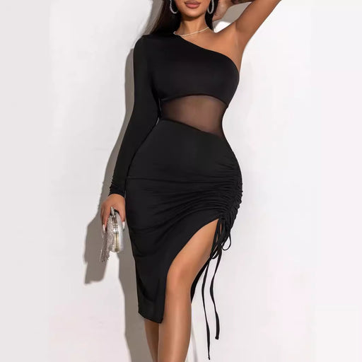 Summer Drawstring See Through Tight Dress Shoulder Long Sleeve Lace Mesh Body Shaping Dress-Fancey Boutique