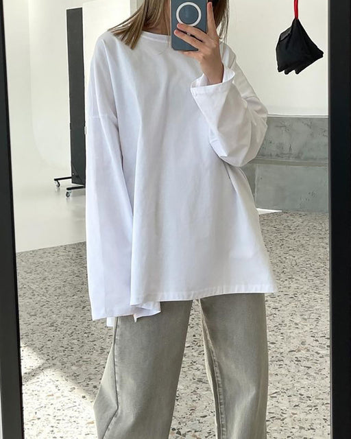 Loose Long Sleeve Split T shirt Women Solid Color Spring Summer Women Clothing Cotton Top-White-Fancey Boutique