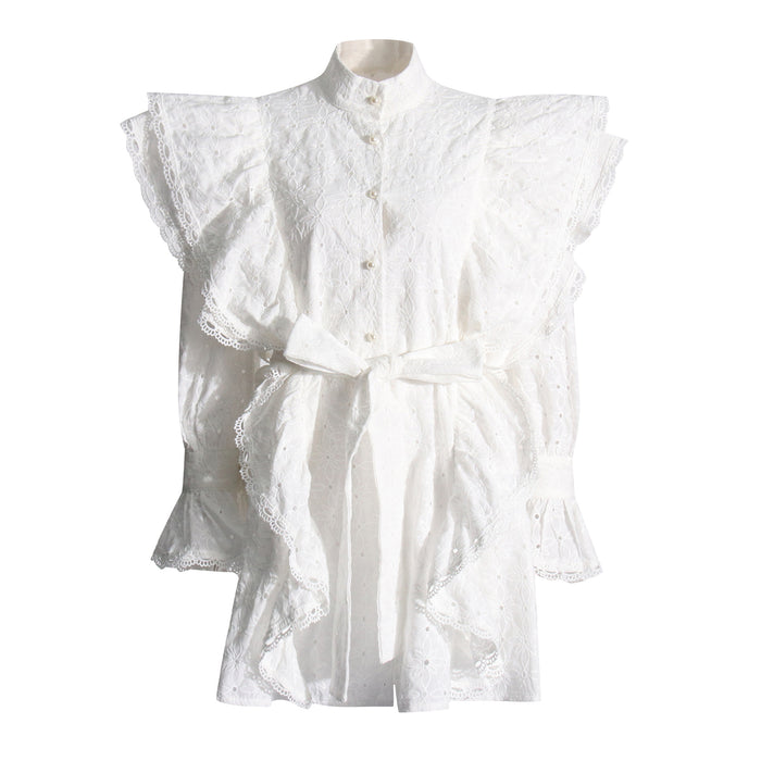 French Sweet Summer Stand Collar Half Sleeve Ruffled Short Stitching Bell Sleeve Women Dress-White-Fancey Boutique