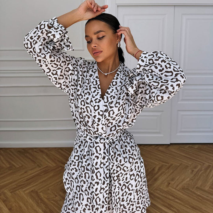 Summer Crepe Cotton Long Sleeve Nightgown Shorts Two Piece Leopard Print Ladies Homewear-Fancey Boutique