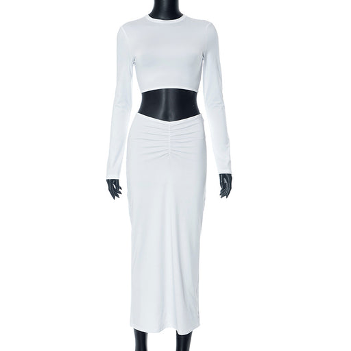 Color-White-Simple Solid Color Suit Lace Up Backless Top Two Piece Suit Women Autumn-Fancey Boutique