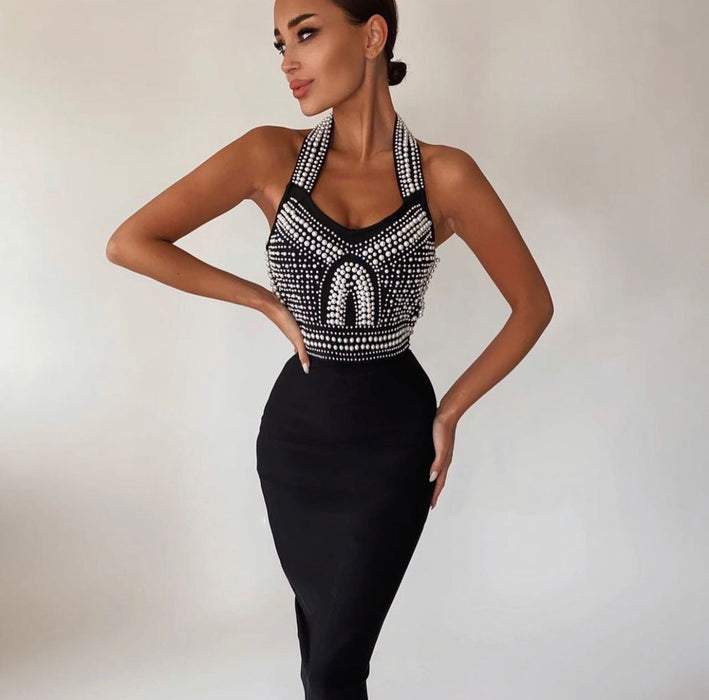 Color-Black-Star Knitting White Apricot V neck Patchwork Halter Bubble Beads Backless Bandage One Piece Dress-Fancey Boutique