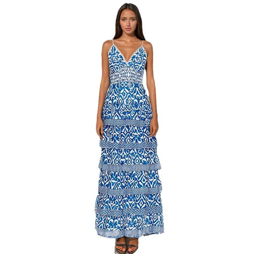 Bohemian Retro Summer Suspender V Neck Tight Waist Personalized Printed Maxi Dress-Blue-Fancey Boutique