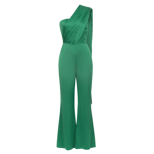 Color-Green-Summer Sexy Pleated Ribbon Tassels Slim Fit Oblique Shoulder Jumpsuit-Fancey Boutique