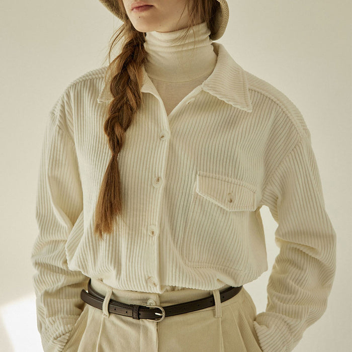 Color-White-Thick Corduroy Shirt Autumn French Artistic Retro Loose Bandage Dress Long Sleeve Shacket Women-Fancey Boutique