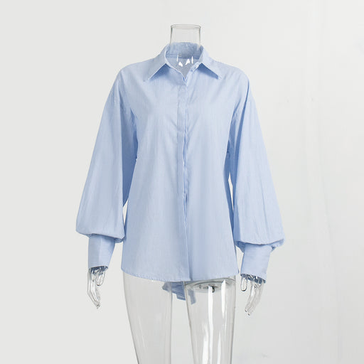 Striped Shirt Autumn Simple High Grade Hidden Button Long Sleeve Striped Cardigan-Blue-Fancey Boutique