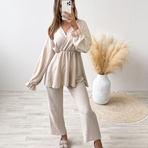 Color-Apricot-Autumn Casual Set V neck Long Sleeve Waist Tight Pullover High Waist Cropped Pants Two Piece Set-Fancey Boutique