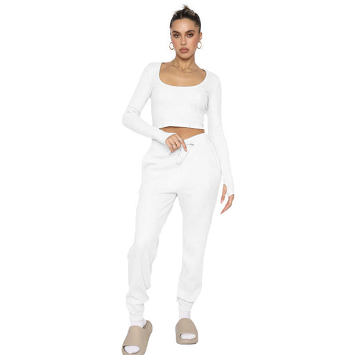 Color-White-Autumn Winter U Collar Pullover Long Sleeved Women Two Piece Suit Casual Trousers-Fancey Boutique