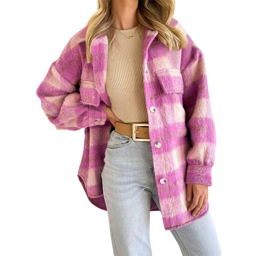 Color-Purple-Autumn Winter Women Plaid Mohair Coat Woolen Thick Coat-Fancey Boutique