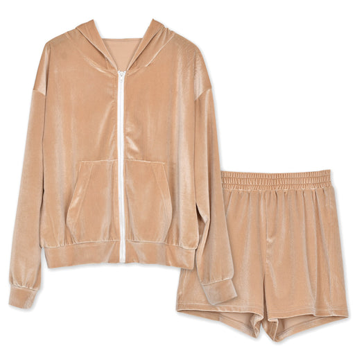 Color-Khaki-Autumn Winter Long Sleeve Hooded Fleece Shorts Velvet Two Piece Set Women-Fancey Boutique