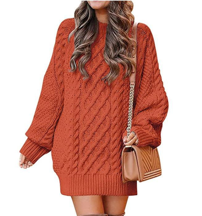 Color-Orange-Round Neck Long Sleeve Twisted Knitted Thick Needle Pullover Mid Length Sweater Women Dress-Fancey Boutique