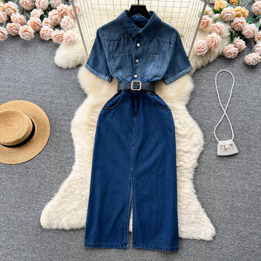 Color-Retro Denim Dress Women Elegant Polo Collar Breasted Slim Mid Length Dress-Fancey Boutique