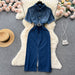Color-Retro Denim Dress Women Elegant Polo Collar Breasted Slim Mid Length Dress-Fancey Boutique