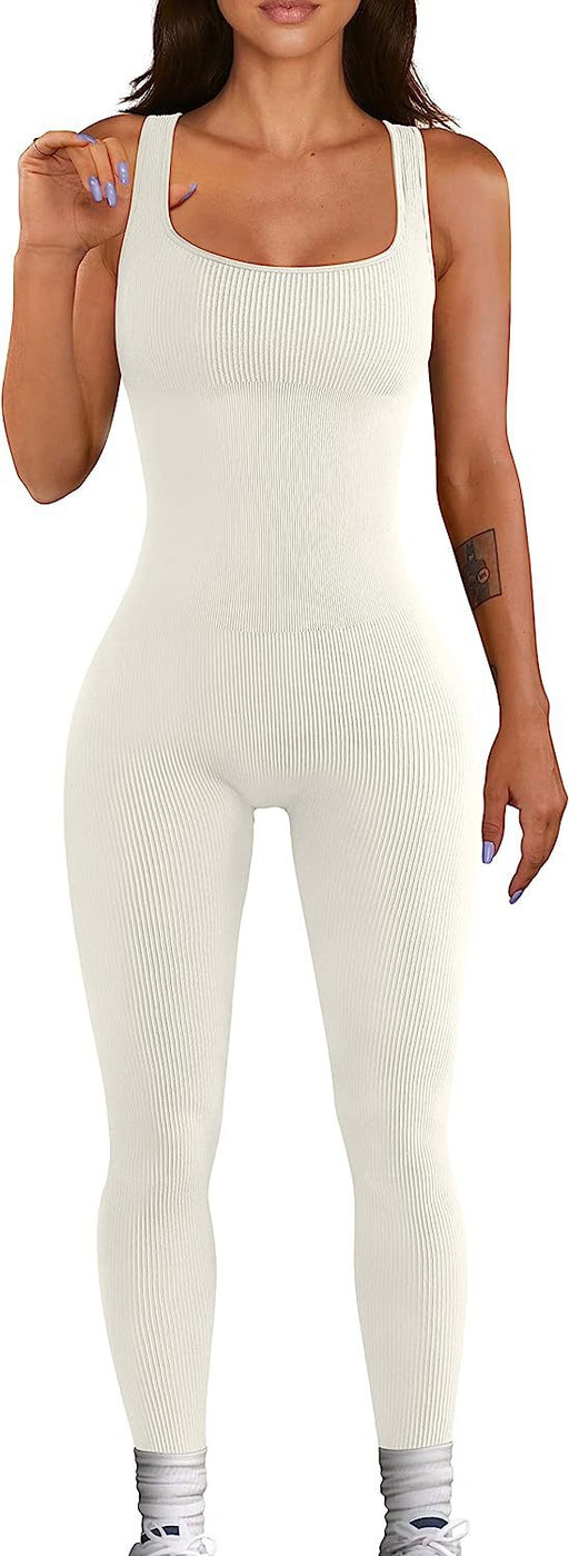 Color-Ivory-Summer Sexy Women Yoga Jumpsuit Ribbed Square Collar Sleeveless Sports Jumpsuit Trousers-Fancey Boutique
