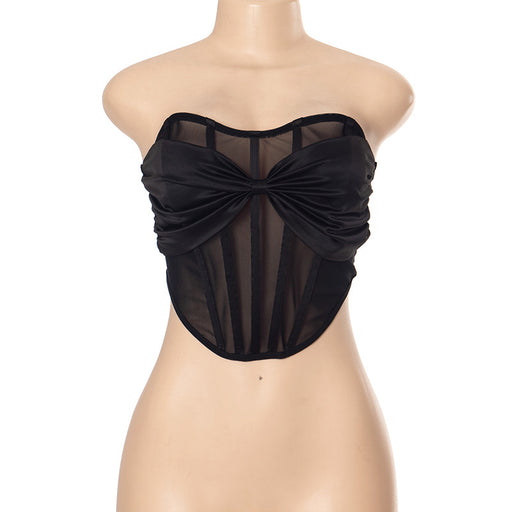 Color-Black-Women Bow Mesh See Through Sexy Bandeau Top-Fancey Boutique