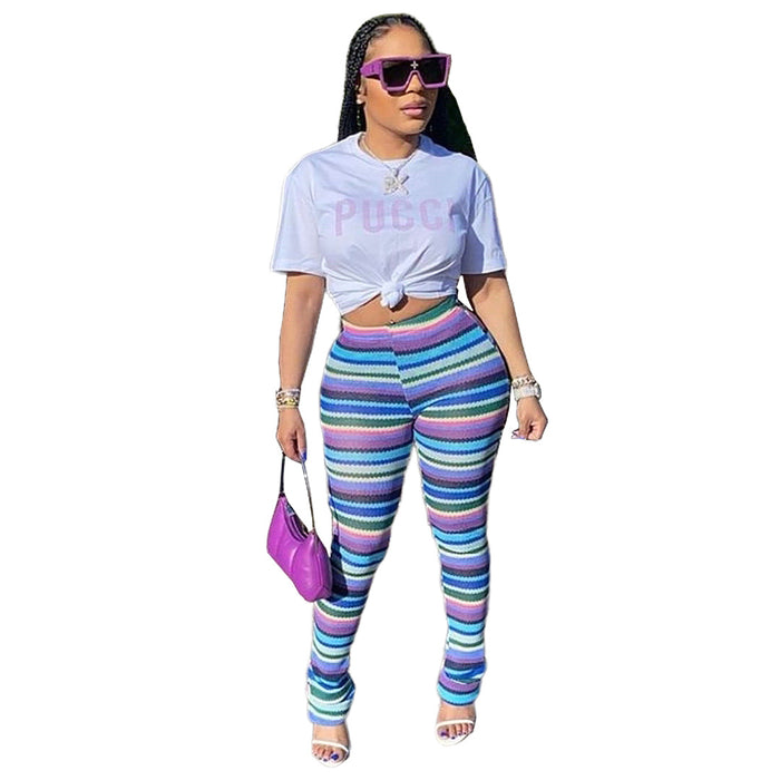 Color-violet-Women Clothing Goods Color Stripes Knitted Hollow Out Cutout Jacquard Pile Pants Bell Bottom Pants-Fancey Boutique