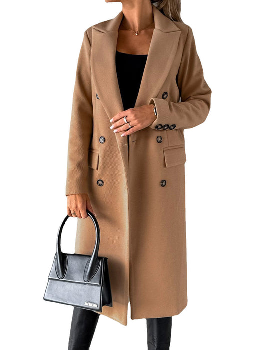 Color-Khaki-Autumn Winter Women Clothing Long Sleeve Polo Collar Solid Color Double Breasted Slim Coat Woolen Coat-Fancey Boutique