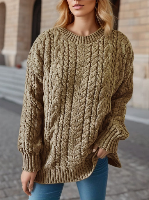 Color-Khaki-Autumn Winter Retro Vertical Stripes Twist Round Neck Long Sleeve Knitted Pullover Thick Needle Sweater Women-Fancey Boutique