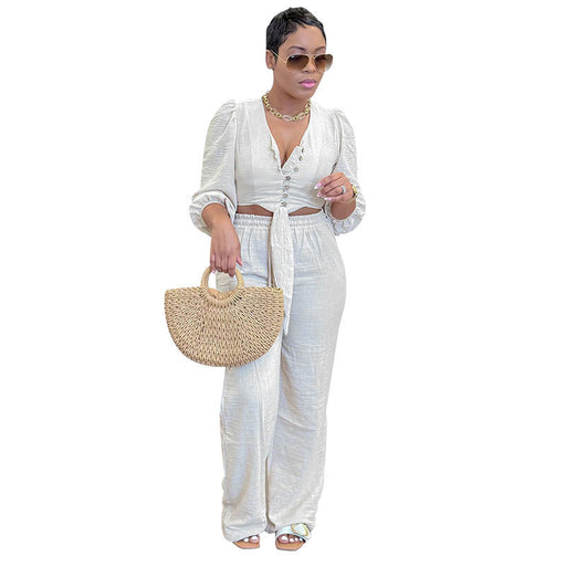 Summer Solid Color Cardigan Tied Long Sleeves Women Clothing Casual Trousers Suit-White-Fancey Boutique