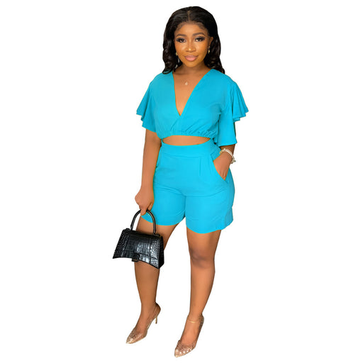 Color-Blue-Ruffled Short V neck Top Casual Shorts Summer Two Piece Set-Fancey Boutique