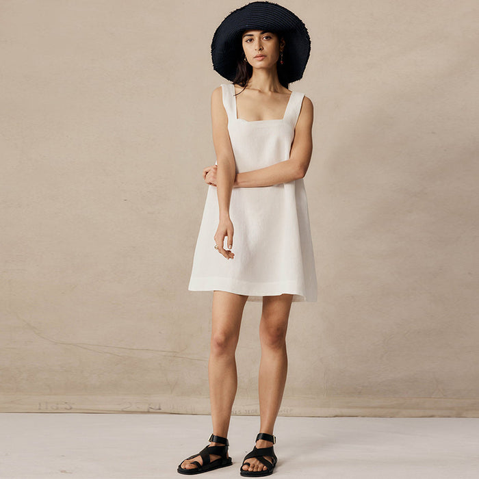 Color-White-Niche Design Linen Cotton Back Tied Dress Summer Square Collar Slimming Elegant Wide Shoulder Strap Dress-Fancey Boutique