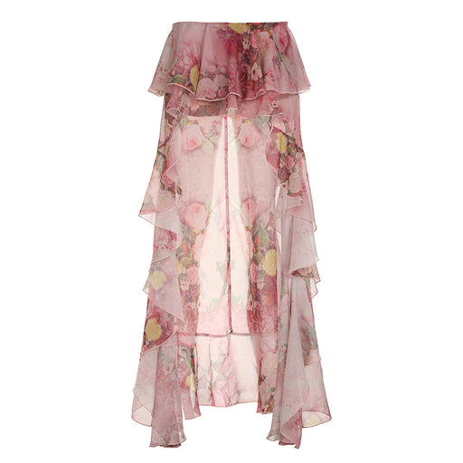 Vacation Dress Summer Floral Print Double Layer Irregular Asymmetric Mop Ruffled Skirt-Multi-Fancey Boutique