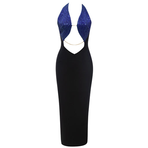 Simple Sexy Cutout Backless Halter Back Slit Slim Fit Dinner Party Bandage One Piece Dress Women-Navy Blue-Fancey Boutique