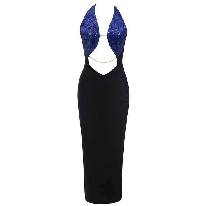 Simple Sexy Cutout Backless Halter Back Slit Slim Fit Dinner Party Bandage One Piece Dress Women-Navy Blue-Fancey Boutique