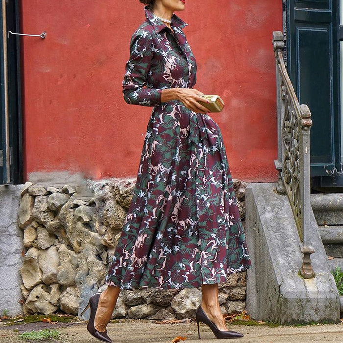 Color-Green-Spring Autumn Women Collared Mid Length Printing Dress-Fancey Boutique