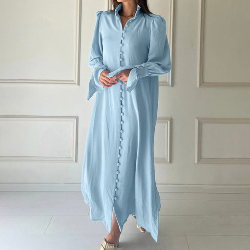 Color-Blue-Early Spring Solid Color Long Sleeve Stand Collar Design Shirt Dress Women French Casual Slit Maxi Dress-Fancey Boutique