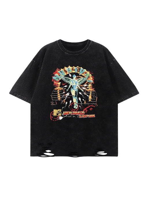 Retro Washed Worn Creative Printing Short Sleeved T Shirt Men Women Loose Hiphop Hip Hop Street Top-Fancey Boutique