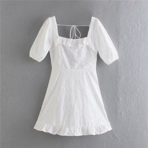 Summer Pullover Square Collar Short Sleeve Backless Back Self-Tie Lace Hollow Out Cutout Dress Women Clothing-White-Fancey Boutique