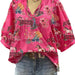 Color-Pink-Ladies V neck Puff Sleeve Loose Gathers T shirt-Fancey Boutique