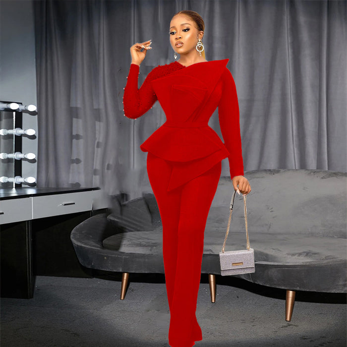 Color-Red-Women Clothing Stitching Mesh Beads Waist Slimming Jumpsuit-Fancey Boutique