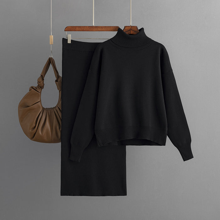 Color-Black-Knitting Suit Women Autumn Winter Solid Color Turtleneck Sweater Sheath Skirt Two Piece Set-Fancey Boutique