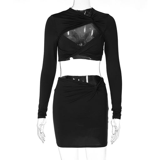 Women Clothing Autumn Sexy Hollow Out Cutout out Long Sleeve Top Slim Skirt Set-Black-Fancey Boutique